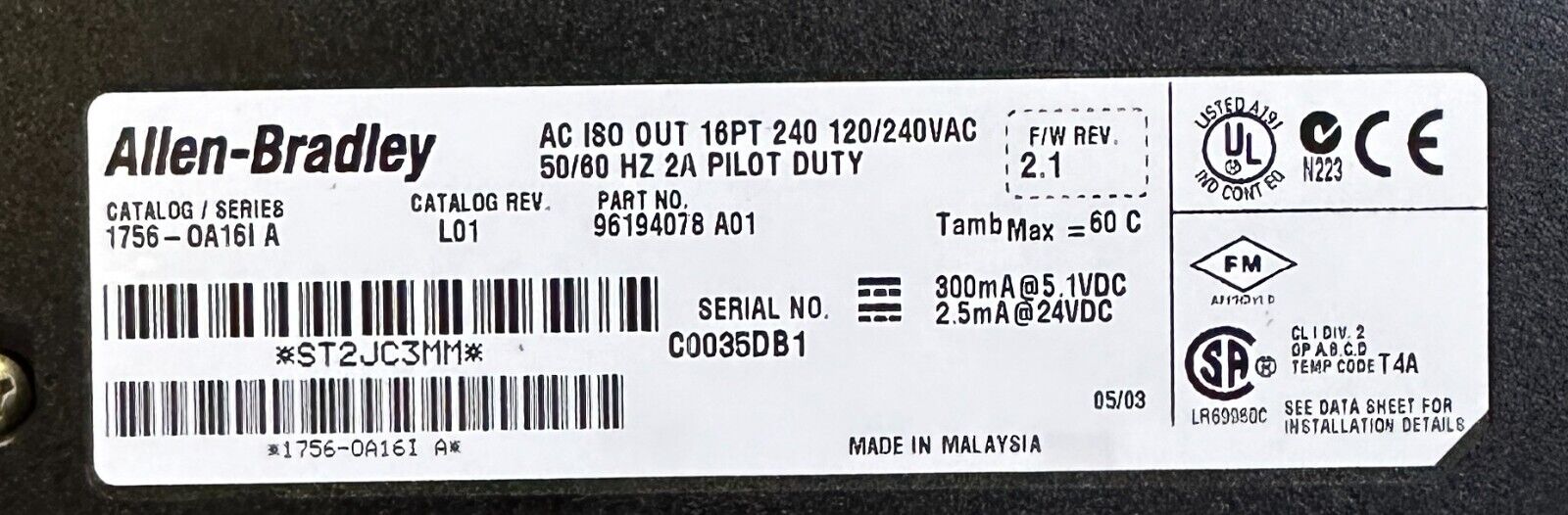 ALLEN BRADLEY 1756-OA16I /A ControlLogix 16-PT ISOLATED OUTPUT MODULE 1756OA16I