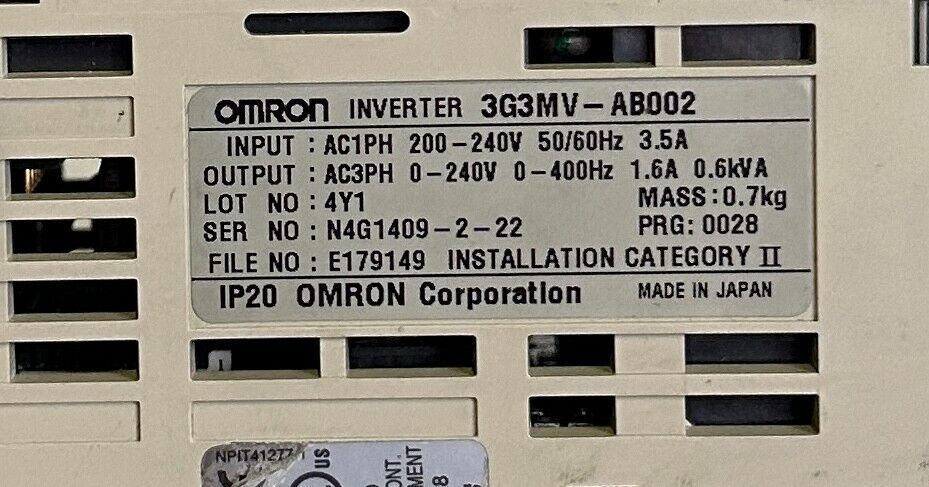 OMRON 3G3MV-AB002 / 3G3MVAB002 SYSDRIVE 3G3MV INVERTER DRIVE 200-240VAC 1PH 3.5A