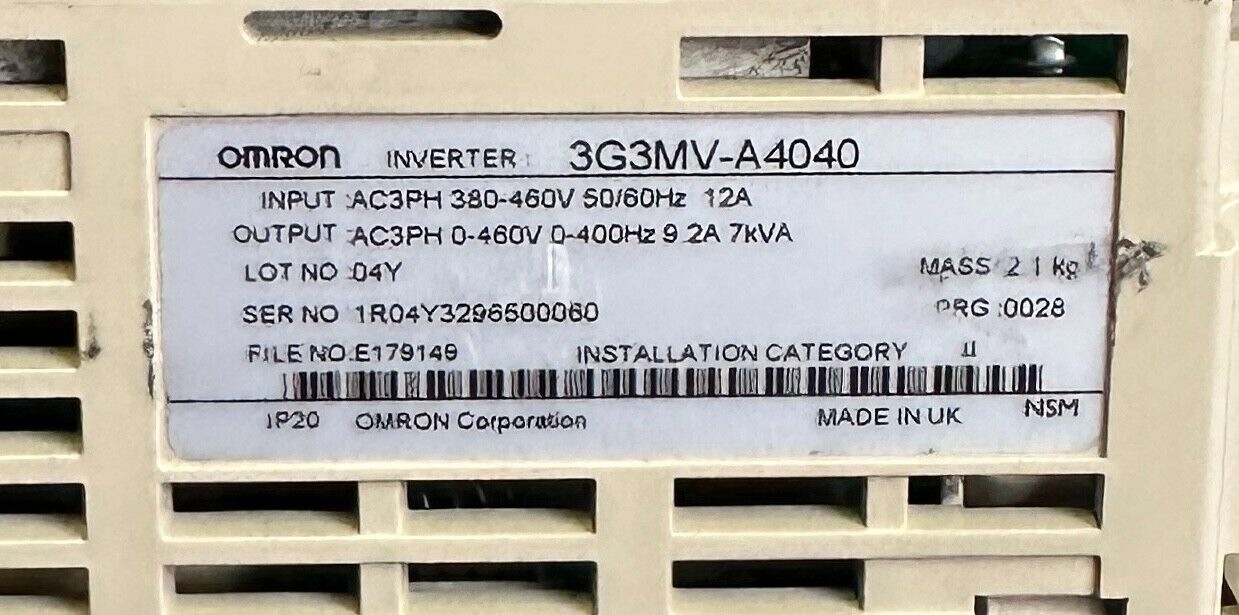 OMRON 3G3MV-A4040 / 3G3MVA4040 INVERTER DRIVE 380-460VAC 50/60Hz 12A 3G3MV PJOP