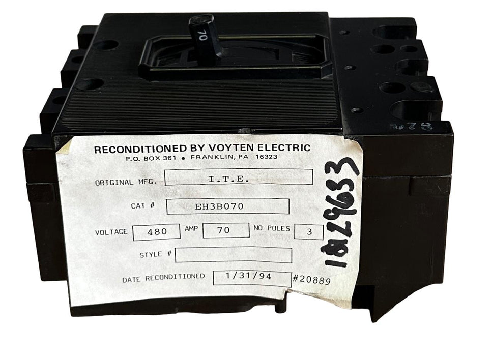 RECONDITIONED ITE SIEMENS EH3-B070 / EH3B070 CIRCUIT BREAKER 480VAC 70A 3-POLE *