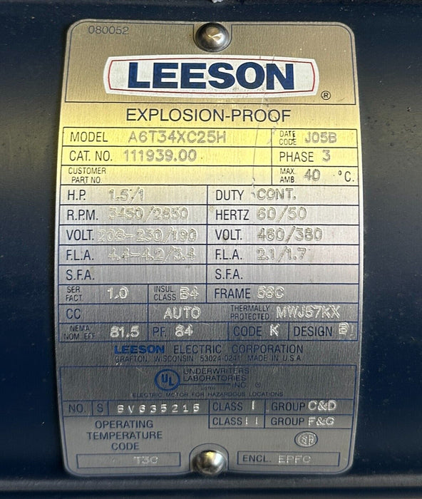 NEW LEESON A6T34XC25H / 111939.00 EXPLOSION PROOF MOTOR & PUMP ASSEMBLY 1.5/1HP