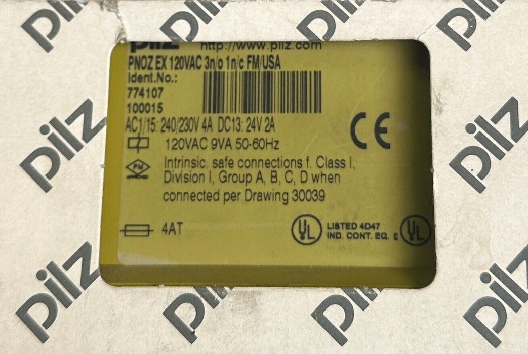 NEW PILZ 774107 / PNOZ EX 120VAC 3n/o 1n/c FM/USA SAFETY RELAY 9VA 50/60Hz