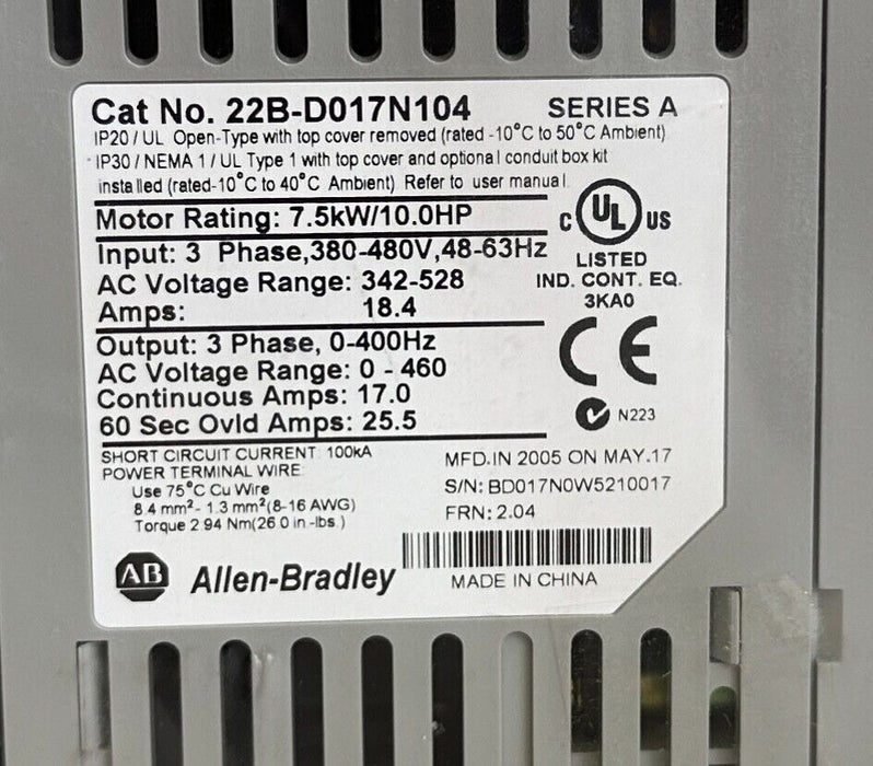 NEW ALLEN BRADLEY 22B-D017N104 /A PowerFlex 40 AC DRIVE 7.5kW/10HP 22BD017N104