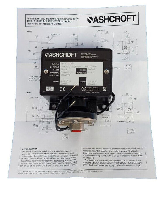 NIB ASHCROFT B424BXFMRN PRESSURE SWITCH RANGE: 60PSI