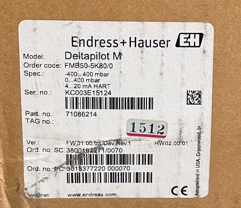 NEW ENDRESS + HAUSER FMB50-5K80/0 / 71086214 Deltapilot M HART LEVEL TRANSMITTER