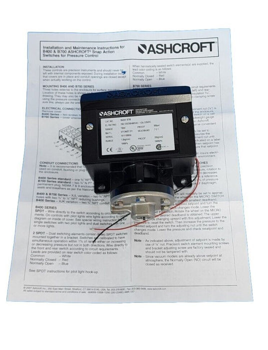 NIB ASHCROFT B424VXFM PRESSURE SWITCH V424V XFM RANGE: 15PSI