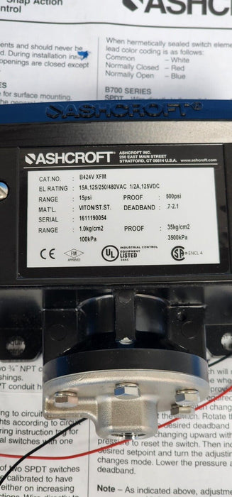 NIB ASHCROFT B424VXFM PRESSURE SWITCH V424V XFM RANGE: 15PSI