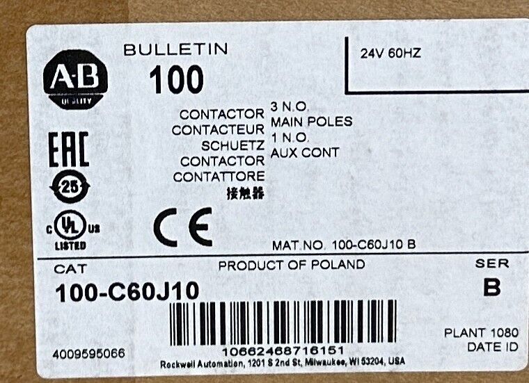 NEW SEALED ALLEN BRADLEY 100-C60J10 /B CONTACTOR 60A 24V 60Hz 3 N.O. 100C60J10