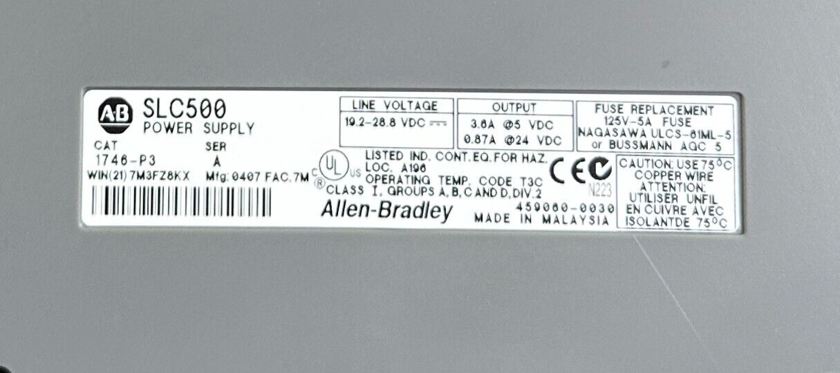 ALLEN BRADLEY 1746-P3 /A SLC 500 POWER SUPPLY W/ 1746-A10 /B 10-SLOT MODULE RACK