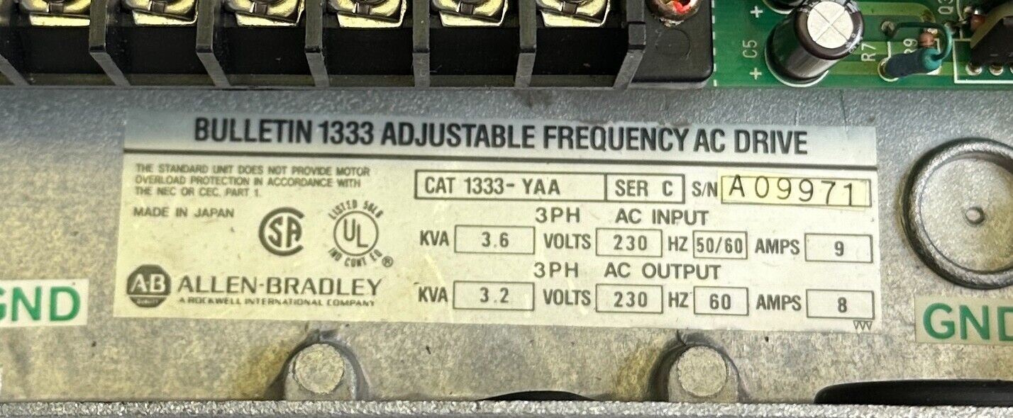 ALLEN BRADLEY 1333-YAA /C BULLETIN 1333 ADJUSTABLE FREQUENCY AC DRIVE 3.6KVA