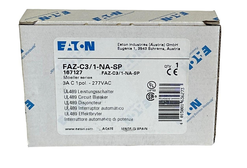 NEW EATON FAZ-C3/1-NA-SP / 167127 MOELLER SERIES 3A CIRCUIT BREAKER 1P 277VAC