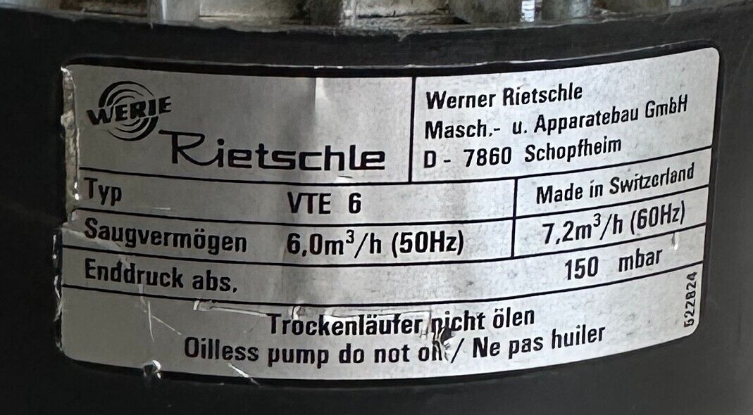 WERIE RIETSCHLE VTE6 / WB63B2STP / 105304 PICOLINO OILLESS ROTARY VACUUM PUMP