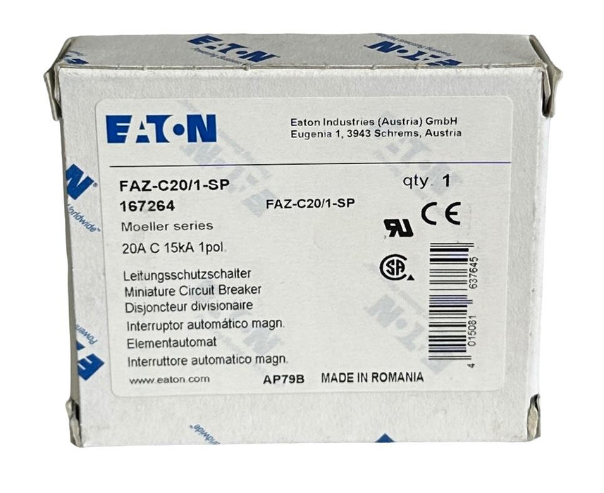 NEW EATON FAZ-C20/1-SP / 167264 MOELLER SERIES 20A CIRCUIT BREAKER 1POL 15kA