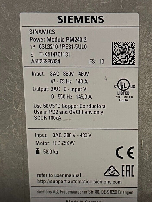 SIEMENS 6SL3210-1PE31-5UL0 SINAMICS PM240-2 POWER MODULE 75kW/100HP 380-480VAC