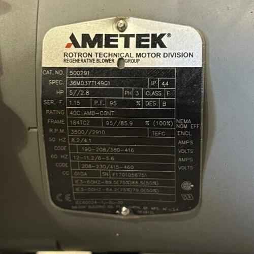 NEW AMETEK ROTRON 500291 / 36M037T149G1 REGENERATIVE BLOWER 5/2.8HP 3-PH 3500RPM