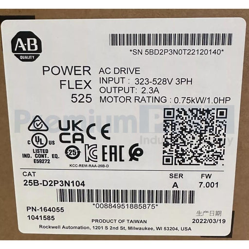 ALLEN BRADLEY 25B-D2P3N104 /A POWERFLEX 525 AC DRIVE 0.75kW/1.0HP FW 7.001 NSFS