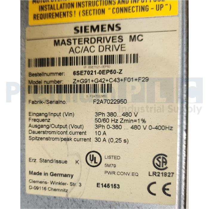 SIEMENS 6SE7021-0EP50-Z G91+G42+C43+F01+F29 SIMOVERT MASTERDRIVES MC AC/AC DRIVE