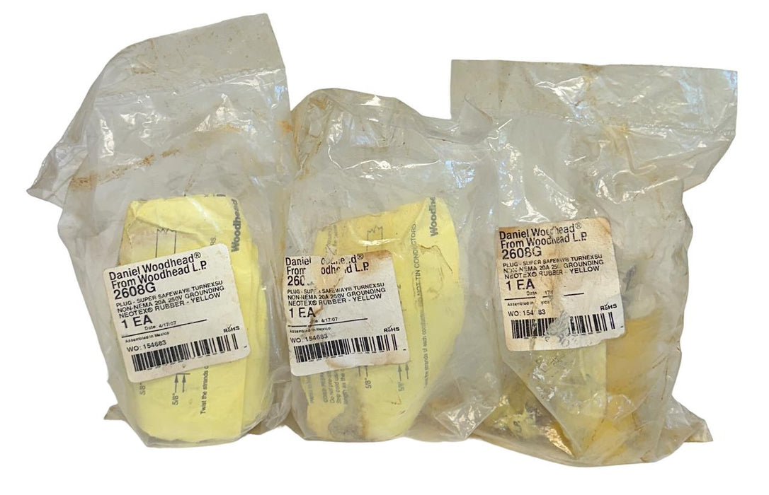 3 NEW DANIEL WOODHEAD 2608G SUPER SAFEWAY PLUG 20A 250V NEOTEX YELLOW NSFS