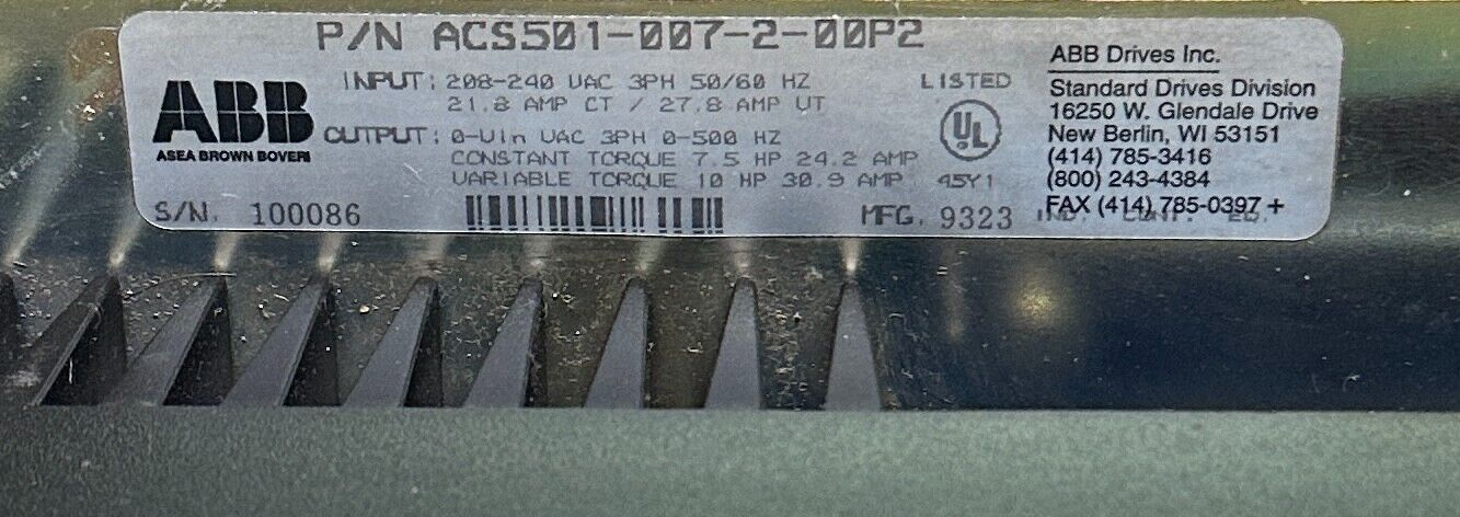 ABB ACS501-007-2-00P2  / ACS501007200P2 ACS 500 AC DRIVE 7.5/10HP 208-240VAC 3PH