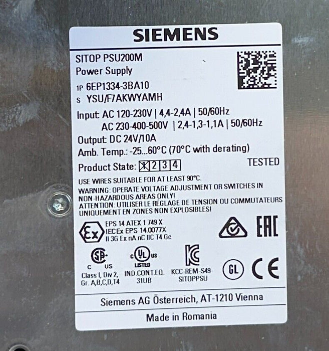 SIEMENS 6EP1334-3BA10 / 6EP13343BA10 SITOP PSU200M POWER SUPPLY 24VDC OUT NSMP