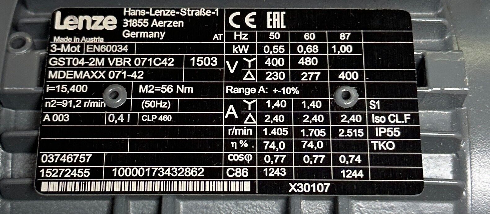 LENZE GST04-2M VBR 071C42 / MDEMAXX 071-42 / 15272455 HELICAL GEAR MOTOR USNP