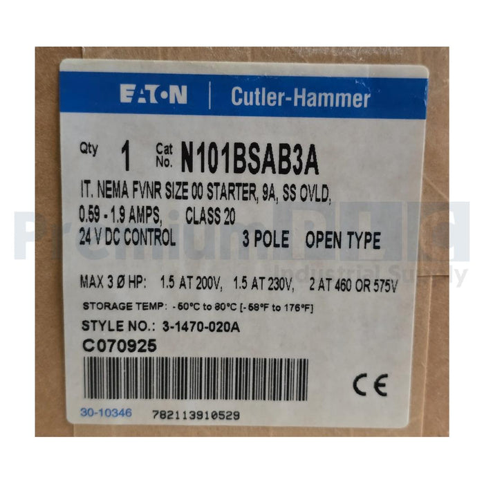 EATON CUTLER-HAMMER N101BSAB3A IT. NEMA FVNR SIZE 00 STARTER, 9A, SS OVLD. NSFS