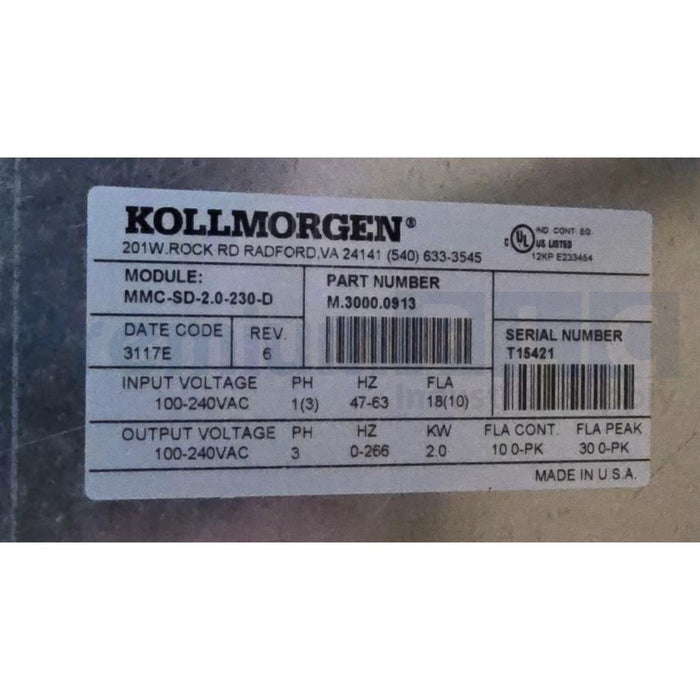 KOLLMORGEN MMC-SD-2.0-230-D REV. 6 MMC SMART DRIVE 2kW 3PH P/N M.3000.0913 NSMP