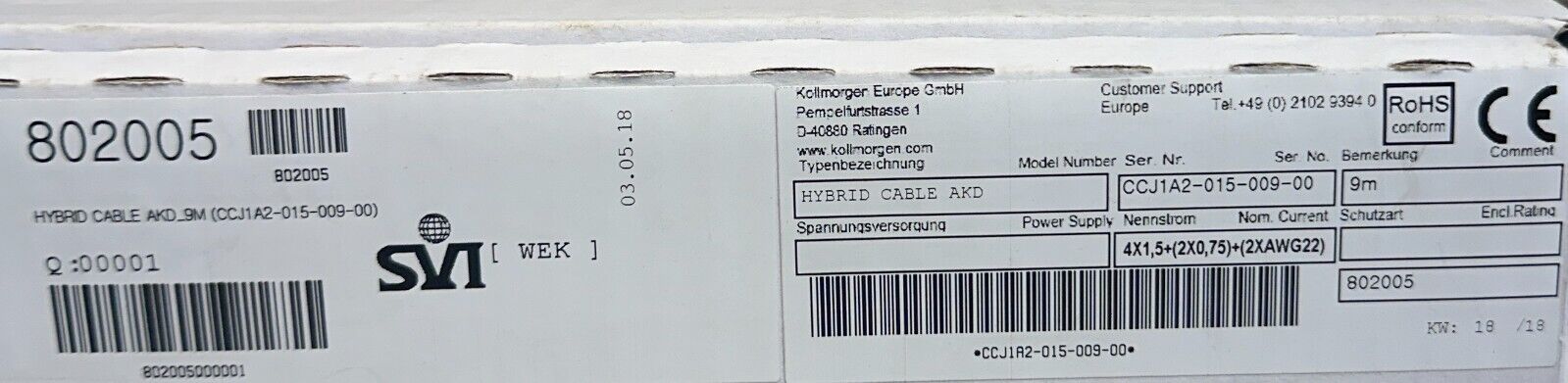 KOLLMORGEN CCJ1A2-015-009-00 / 802005 HYBRID CABLE AKD 9M Hiperface-DSL NSMP