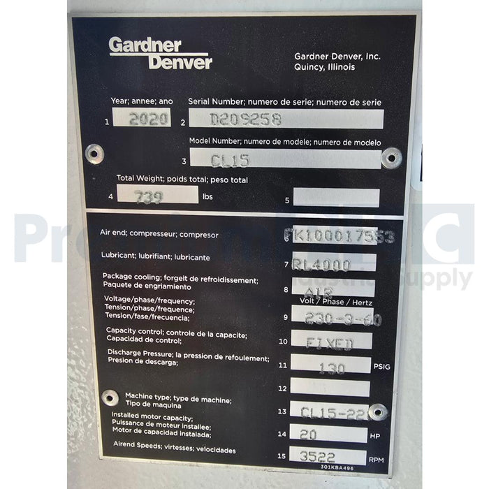 GARDNER-DENVER CHAMPION L15 / CL15 20HP ROTARY SCREW AIR COMPRESSOR W/GSRN DRYER