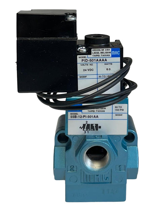 MAC 55B-12-PI-501AA / 55B12PI501AA SOLENOID VALVE 3-WAY INLINE 24VDC 6W NSNP