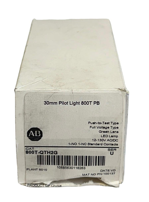 ALLEN BRADLEY 800T-QTH2G /U 30mm PILOT LIGHT PUSH BUTTON GREEN 12-130VAC/DC NSMP