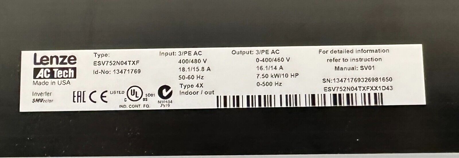 LENZE AC TECH ESV752N04TXF / 13471769 SMVector 7.5kW/10HP 3PH ESV752N04TXFXX1D43