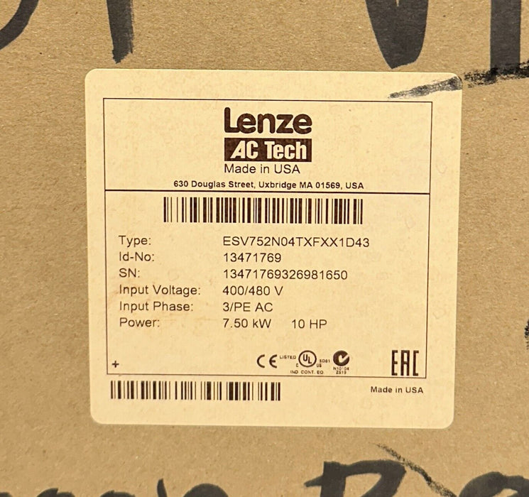 LENZE AC TECH ESV752N04TXF / 13471769 SMVector 7.5kW/10HP 3PH ESV752N04TXFXX1D43