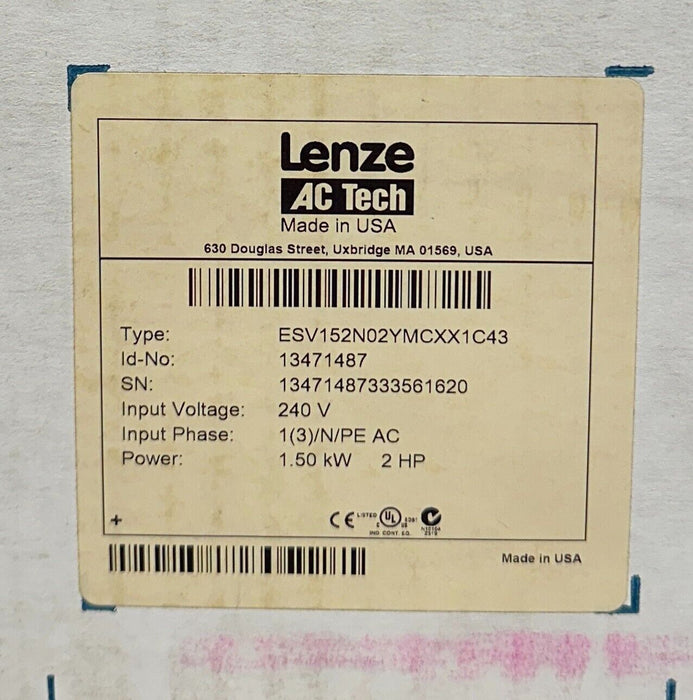 LENZE AC TECH ESV152N02YMC / 13471487 SMVector 1.5kW/2HP ESV152N02YMCXX1C43 NSMP
