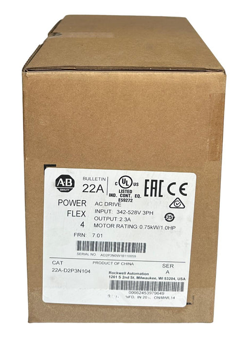 ALLEN BRADLEY 22A-D2P3N104 /A PowerFlex 4 AC DRIVE 0.75kW/1.0HP 22AD2P3N104 NSFS