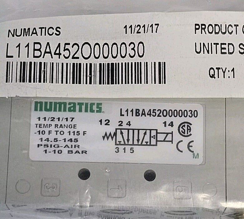 NEW NUMATICS L11BA452O000030 VALVE L1 SERIES 1-10 BAR