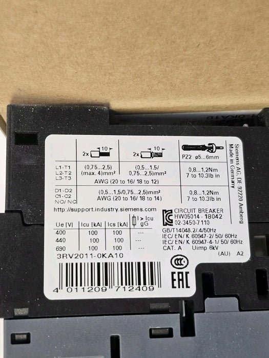 NIB SIEMENS 3RV2011-0KA10 CIRCUIT BREAKER 3RV20110KA10, 0.9-1.25A