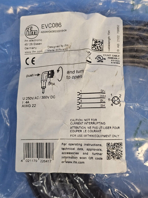 NEW IFM EFECTOR ADOAH040MSS0015H04 CONNECTING CABLE WITH SOCKET EVC086