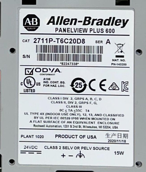 ALLEN BRADLEY 2711P-T6C20D8 /A PanelView Plus 600 TOUCH EtherNet 24VDC NSMP