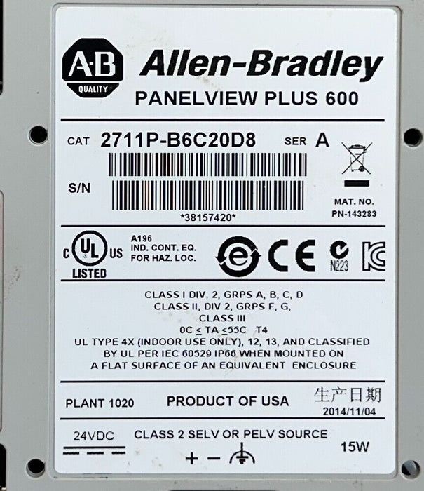 ALLEN BRADLEY 2711P-B6C20D8 /A PanelView Plus 600 KEY/TOUCH EtherNet 24VDC USNP