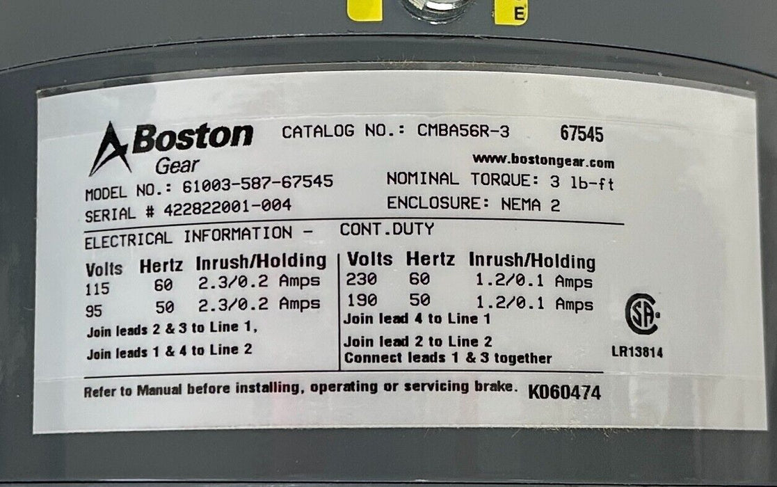 BOSTON GEAR CMBA56R-3 / 67545 DOUBLE C-FACE MAGNETIC BRAKE 61003-587-67545 NSMP