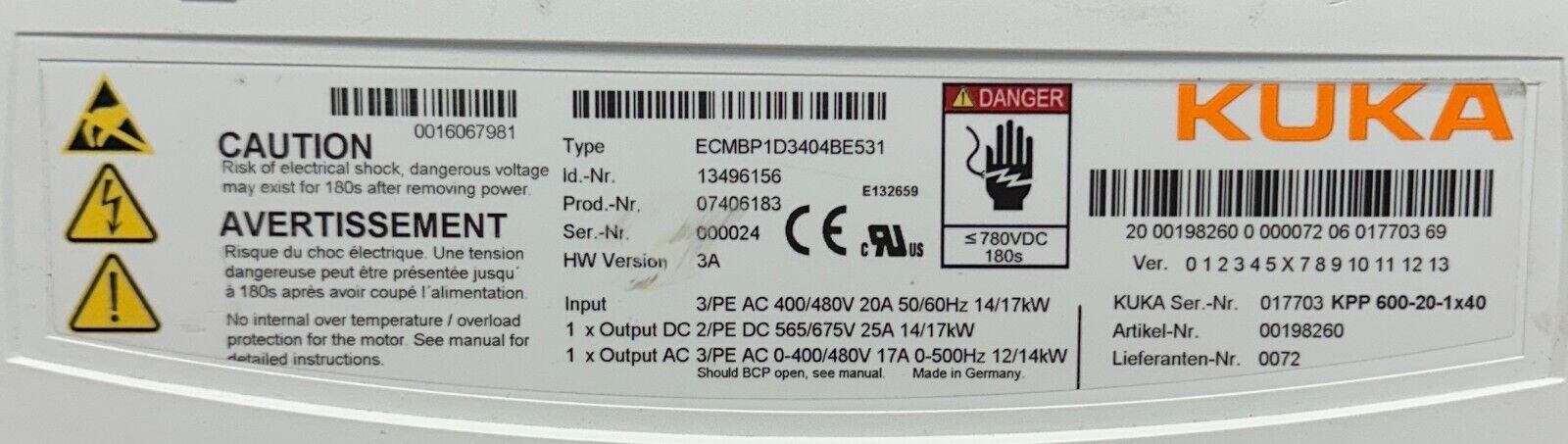 KUKA ECMBP1D3404BE531 / 13496156 / KPP 600-20-1x40 POWER PACK DRIVE 17kW USNP