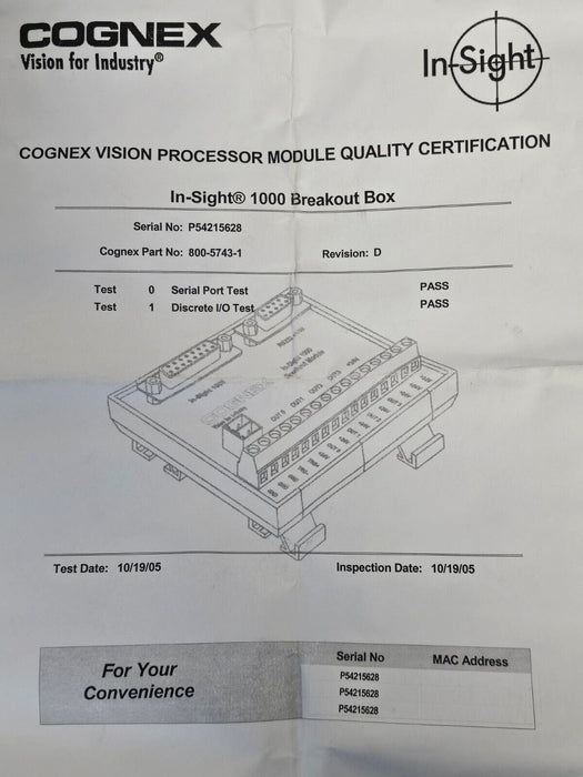 NIB COGNEX 800-5743-1D IN-SIGHT 1000 BREAKOUT BOX 800-5743-1 REVISION: D