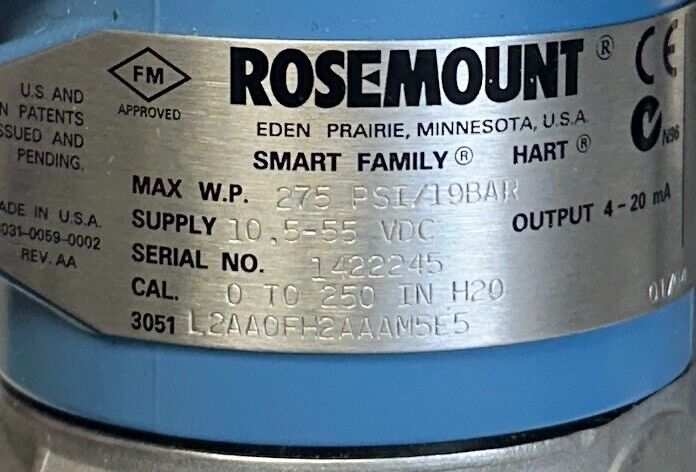 ROSEMOUNT 3051L2AA0FH2AAAM5E5 SMART FAMILY TRANSMITTER 03031-0762-0022 HART USNP