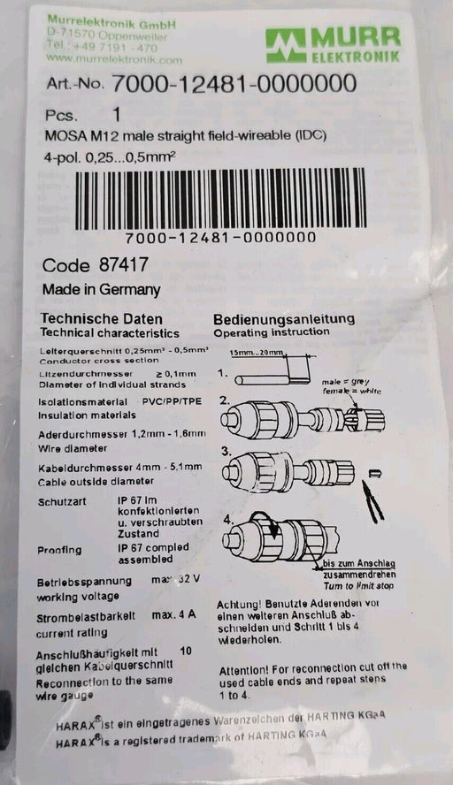 LOT OF 3 NEW MURR ELEKTRONIX 7000-12481-0000000 FIELD WIREABLE CONNECTORS