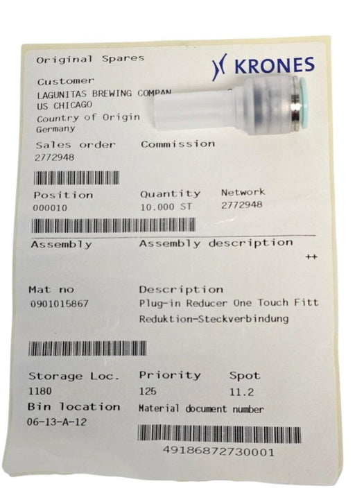 LOT OF 10 NEW KRONES 0901015867 PLUG-IN REDUCER ONE TOUCH FITTINGS