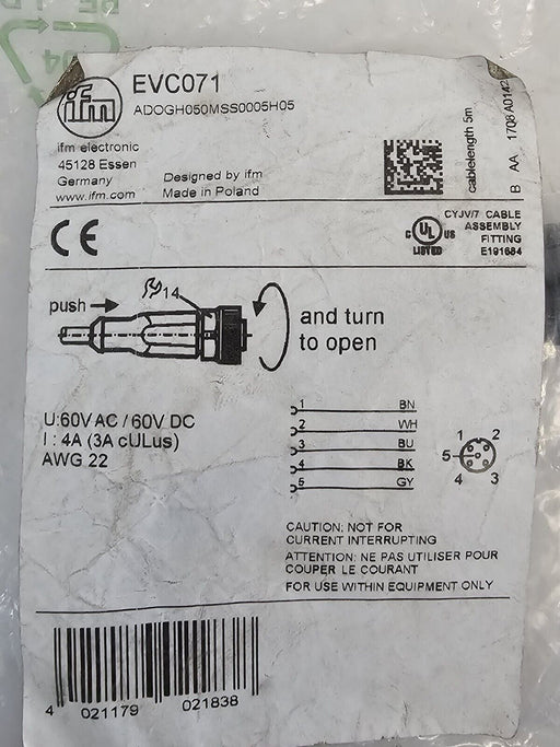 NEW IFM ADOGH050MSS0005H05 CONNECTING CABLE EVC071