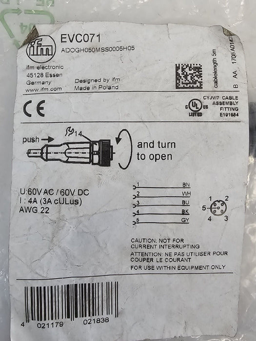 NEW IFM ADOGH050MSS0005H05 CONNECTING CABLE EVC071