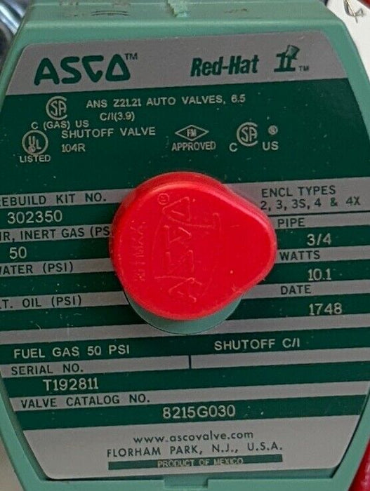 ASCO 8215G030 RedHat SOLENOID VALVE 110/120V 50/60Hz COIL 3/4'' 10.1W NSMP