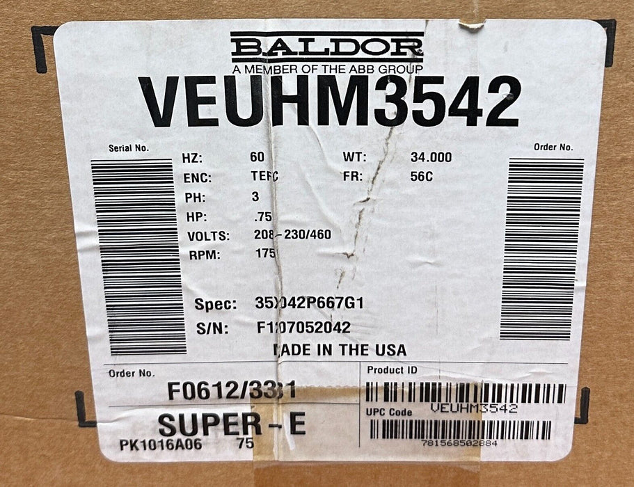 BALDOR RELIANCE VEUHM3542 / 35X042P667G1 SUPER-E INDUSTRIAL MOTOR .75HP NSMP